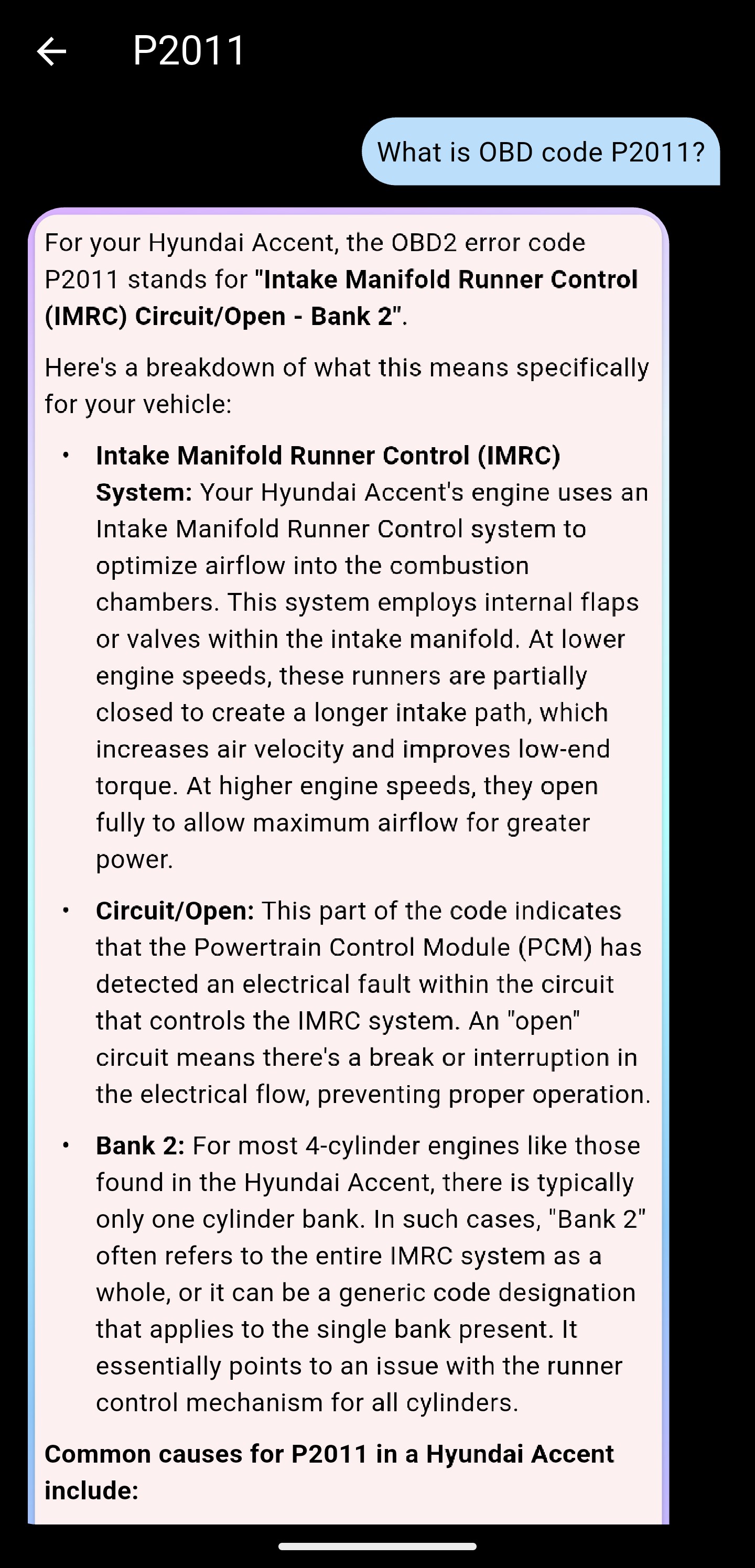 AI explanation of fault code P2011