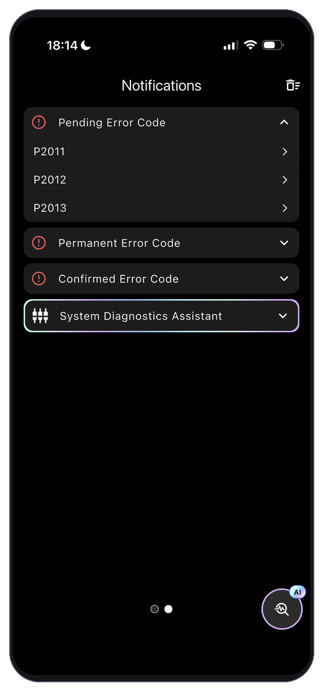 Notifications screen showing confirmed, pending and permanent error codes