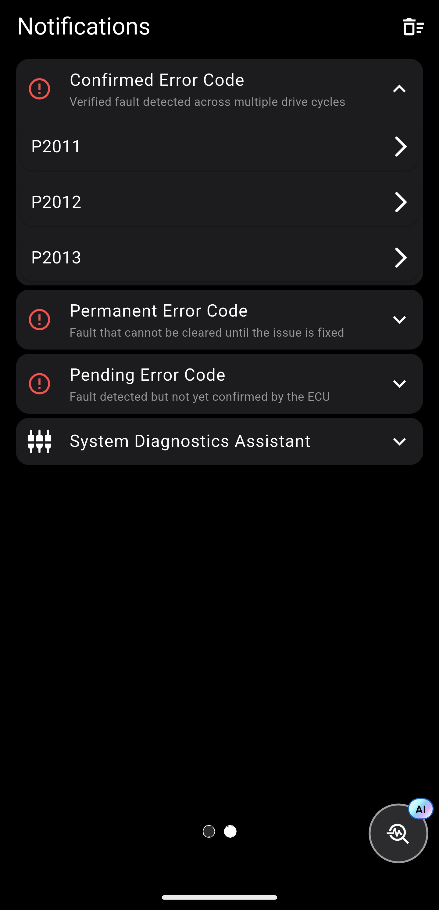 Notifications screen showing confirmed, pending and permanent error codes