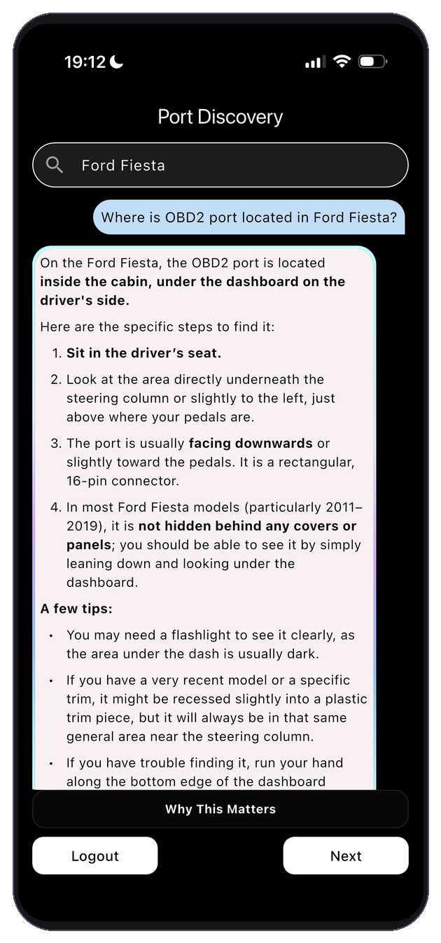 Vehicle selector screen for OBD2 port location discovery
