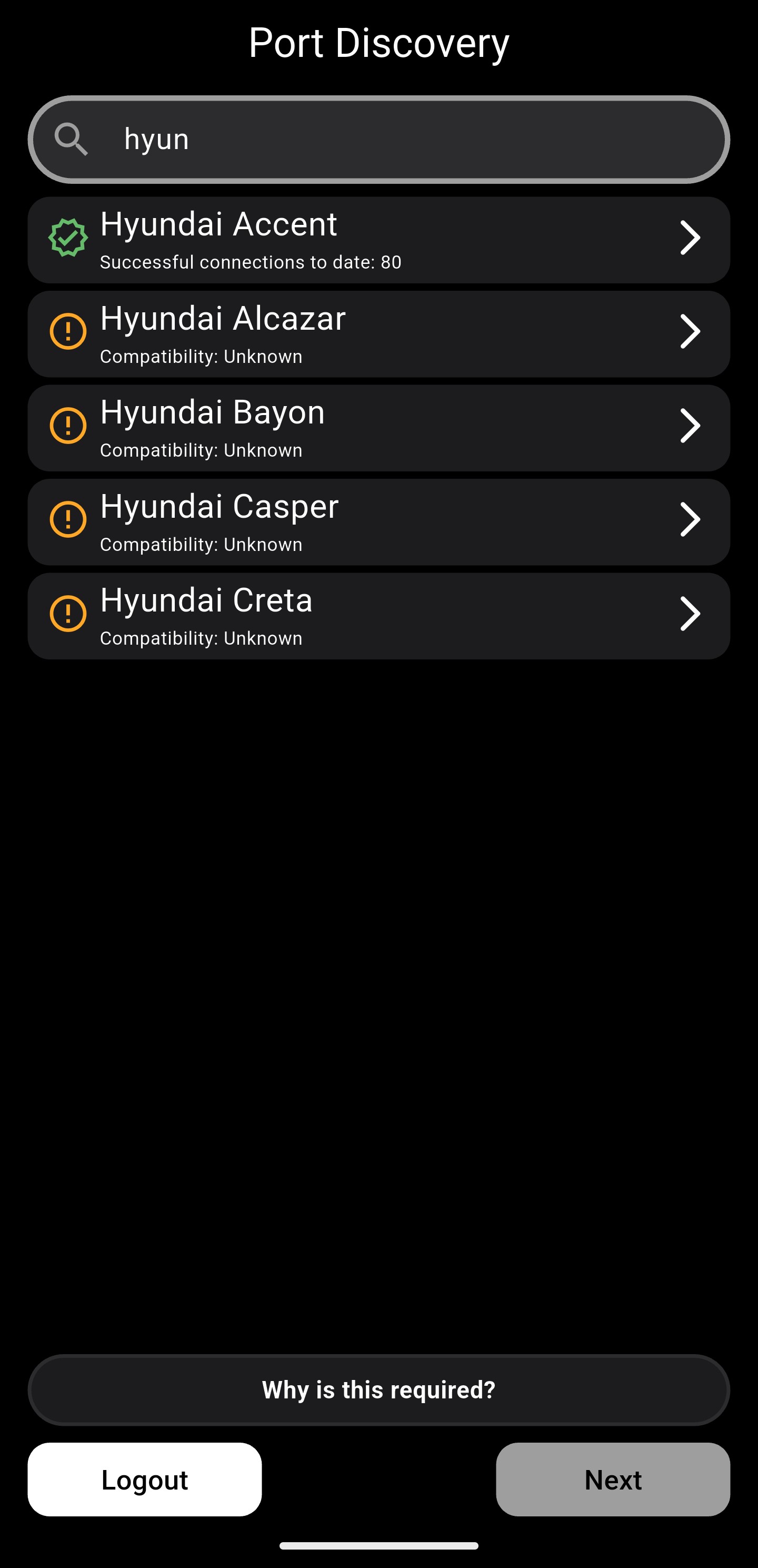 Vehicle selector screen for OBD2 port location discovery